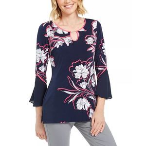 JM Collection Women's Printed Bell Sleeve Keyhole Top Blue Size Large